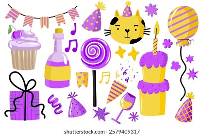 Vektor-Geburtstags-Set. Kollektion für Geburtstagsfeier. Handgezeichnete Sammlung. Kinder Baby Cartoon Illustration