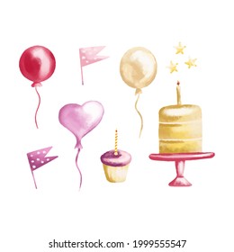 Vector birthday set with multicolored watercolor balls, gift boxes, garland flags and stars. Vector hand drawn illustration sweets