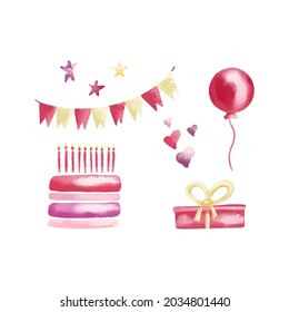 Vector birthday set with multicolored watercolor balls, gift boxes, garland flags and stars. Vector hand drawn illustration sweets