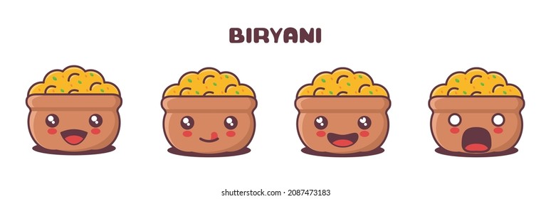vector biryani cartoon mascot, traditional indian food illustration, with different facial expressions. suitable for icons, logos, prints, stickers, etc.