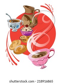 vector biscuits with 2 cups of hot chocolate on white background with red  circle