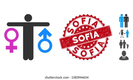 Vector bisexual man icon and corroded round stamp seal with Sofia phrase. Flat bisexual man icon is isolated on a white background. Sofia stamp seal uses red color and scratched design.