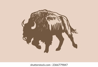 Vector bison on sepia background,white figure graphical illustration