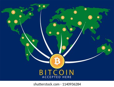 vector Bitcoin accepted icon with golden coin isolated on maps earth background. Vector bitcoin web symbol. Bitcoin business concept illustration.