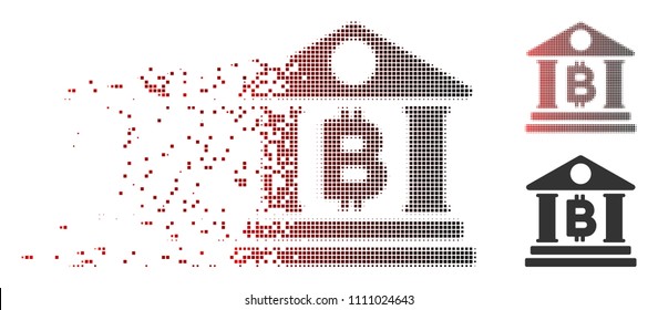 Vector Bitcoin bank building icon in dissolved, dotted halftone and undamaged whole versions. Disintegration effect uses rectangle dots and horizontal gradient from red to black.