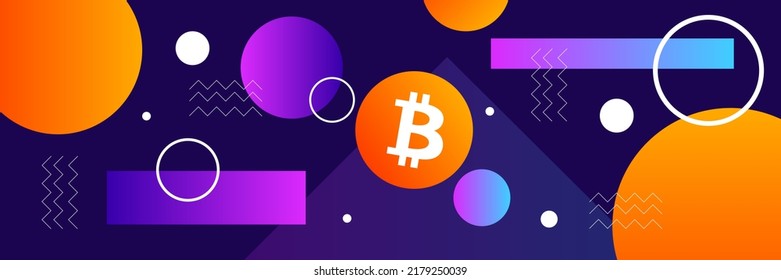 Banner de Bitcoin vectorial en estilo de diseño plano. Bitcoin, altcoin, minería de criptodivisa, finanzas, mercado digital de dinero, billetera criptográfica, intercambio criptográfico. Fondo del concepto criptodivisa de bitcoin.