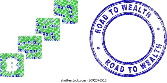 Vector bitcoin blockchain icon composition is organized with repeating recursive bitcoin blockchain elements. Road to Wealth scratched blue round seal.