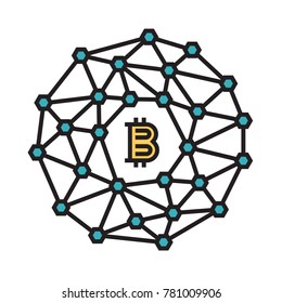 Vector bitcoin blockchain logo illustration. Linear cryptocurrency coin sign and symbol. Mining network, financial technology exchange background. Virtual currency, digital money icon