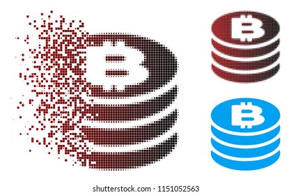 Vector Bitcoin coin column icon in dispersed, pixelated halftone and undamaged solid variants. Disappearing effect involves rectangle particles and horizontal gradient from red to black.