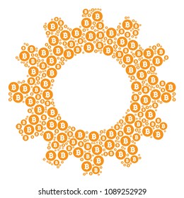 Vector Bitcoin coin icons are arranged into gear collage. Mechanical design concept constructed with Bitcoin coin icons.