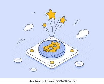 Vector Bitcoin Coin in Isometric Contour Style with Shining Stars, Representing Coin Mining and Financial Growth. Ideal for Cryptocurrency Market and Blockchain Technology Concepts.