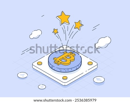 Vector Bitcoin Coin in Isometric Contour Style with Shining Stars, Representing Coin Mining and Financial Growth. Ideal for Cryptocurrency Market and Blockchain Technology Concepts.