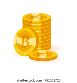 Vector bitcoin collection flat illustration isolated on white background. Cryptocurrency golden symbol. Digital money pile, bit coin emblem, golden coin with bitcoin symbol design. 