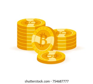 Vector bitcoin collection flat illustration isolated on white background. Cryptocurrency golden symbol. Digital money pile, bit coin emblem, golden coin with bitcoin symbol design. 