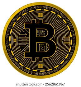 Vector of Bitcoin Digital Currency in gold and black colors on a white background.