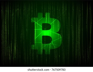 Vector bitcoin digital currency symbol on abstract big data visualization. Green glowing abstract matrix style background binary numbers. Computer code, blockchain transfer. Pattern of program code