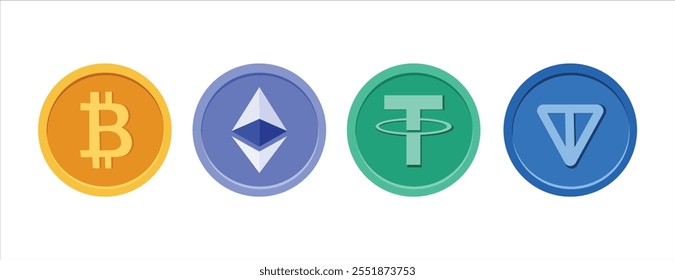 Vector Bitcoin, Ethereum, Tether, y Ton ilustración de la moneda sobre fondo blanco. Dinero virtual en concepto de activos digitales y tecnología de criptomonedas blockchain. Para el diseño de blockchain, emblemas criptográficos