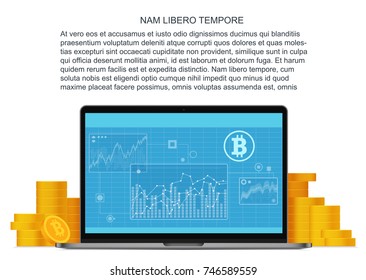 Vector Bitcoin flat concept with laptop and golden coins. Online funding. Bitcoin investments and blockchain technology.