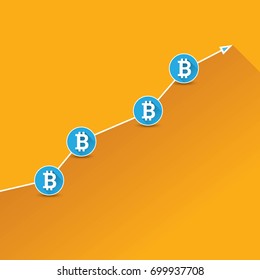 vector bitcoin growth graph on orange background. Bitcoin hype concept vector illustration with blank space for text