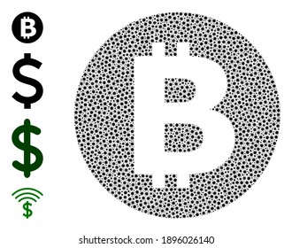 Icono de bitcoína vectorial mosaico covid-2019. El mosaico de bitcoin se hace con pequeños elementos de infección cómodos. Se crea un collage para ilustraciones medicare.