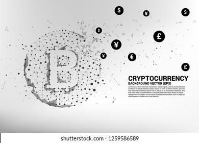 Vector bitcoin icon from Polygon dot connect line with international currency. Concept for cryptocurrency technology and financial network connection.