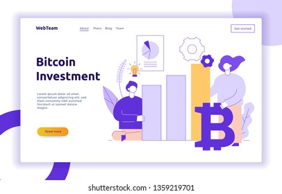 Vector bitcoin investment modern flat line illustration with big trendy people. Financial strategy website banner design concept.