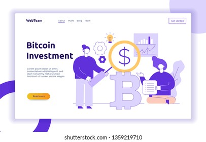 Vector bitcoin investment modern flat line illustration with big trendy people. Financial strategy website banner design concept.