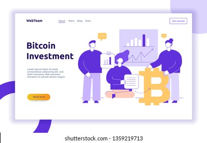 Vector bitcoin investment modern flat line illustration with big trendy people. Financial strategy website banner design concept.