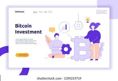 Vector bitcoin investment modern flat line illustration with big trendy people. Financial strategy website banner design concept.