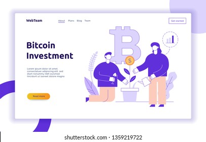 Vector bitcoin investment modern flat line illustration with big trendy people. Financial strategy website banner design concept.