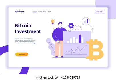 Vektorillustration Bitcoin investiert moderne Flach-Linie Illustration mit großen trendigen Menschen. Bannerdesign-Konzept der Finanzstrategie-Website.