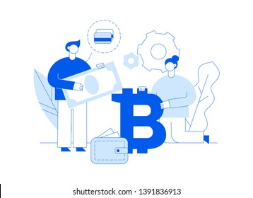 Vector bitcoin investment modern flat line illustration with big trendy people. Financial strategy website banner design concept.