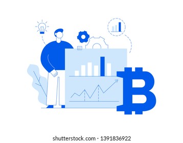 Vector bitcoin investment modern flat line illustration with big trendy people. Financial strategy website banner design concept.