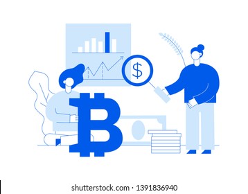 Vector bitcoin investment modern flat line illustration with big trendy people. Financial strategy website banner design concept.