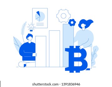 Vector bitcoin investment modern flat line illustration with big trendy people. Financial strategy website banner design concept.