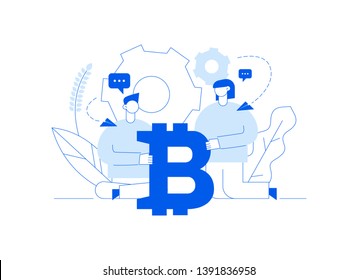 Vector bitcoin investment modern flat line illustration with big trendy people. Financial strategy website banner design concept.
