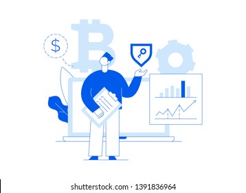 Vector bitcoin investment modern flat line illustration with big trendy people. Financial strategy website banner design concept.