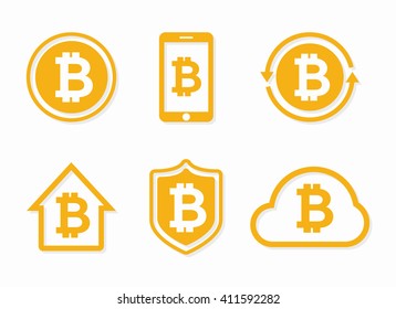 Vector bitcoin logo and design elements, badges, labels.