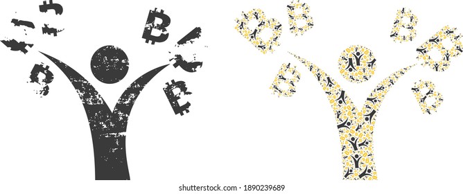 Vector bitcoin man composition is made of random fractal bitcoin man parts. Distress bitcoin man icon. Fractal combination of bitcoin man.