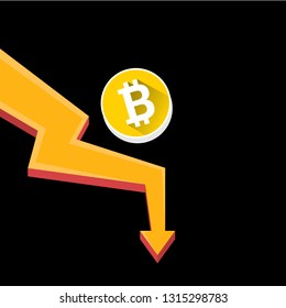 vector bitcoin market crash graph on black background. Bitcoin hype concept vector illusrtation with blank space fo text. Bitcoin's Price Drops 