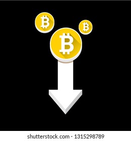 vector bitcoin market crash graph on black background. Bitcoin hype concept vector illusrtation with blank space fo text. Bitcoin's Price Drops 