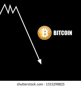 vector bitcoin market crash graph on black background. Bitcoin hype concept vector illusrtation with blank space fo text. Bitcoin's Price Drops 
