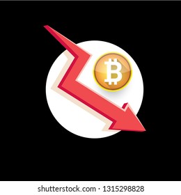 vector bitcoin market crash graph on black background. Bitcoin hype concept vector illusrtation with blank space fo text. Bitcoin's Price Drops 