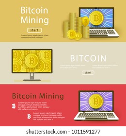 Vector bitcoin mining posters template background set. Illustration on colored background with golden coin in laptop and desktop monitor screen, pile column of coins.