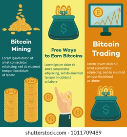 Vector bitcoin mining trading exchanging posters template background set. Illustration with golden coin pile, column, hand holding coin, electronic wallet, monitor with chart.