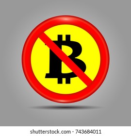 Vector bitcoin not accepted sign. Crypto monets not allowed icon with red circle. Banner Isolated on a grey background. Virtual currency exchange concept. Vector illustration

