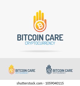 Vector bitcoin on hand logo set colorfull style for secure, pay, care, cryptocurrency logotype, digital money, block chain, finance company. Vector Illustration 10 eps