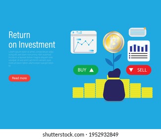 A vector of Bitcoin return on investment concept with business graph, buy and sell tab. Trading bitcoin is starting giving high return to investor.