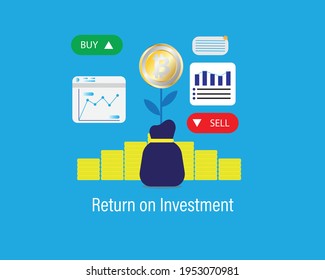 A vector of Bitcoin return on investment concept with business graph, buy and sell tab. Trading bitcoin is starting giving high return to investor.