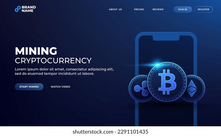 Vector bitcoin, ripple and ethereum blockchain technology concept with mobile